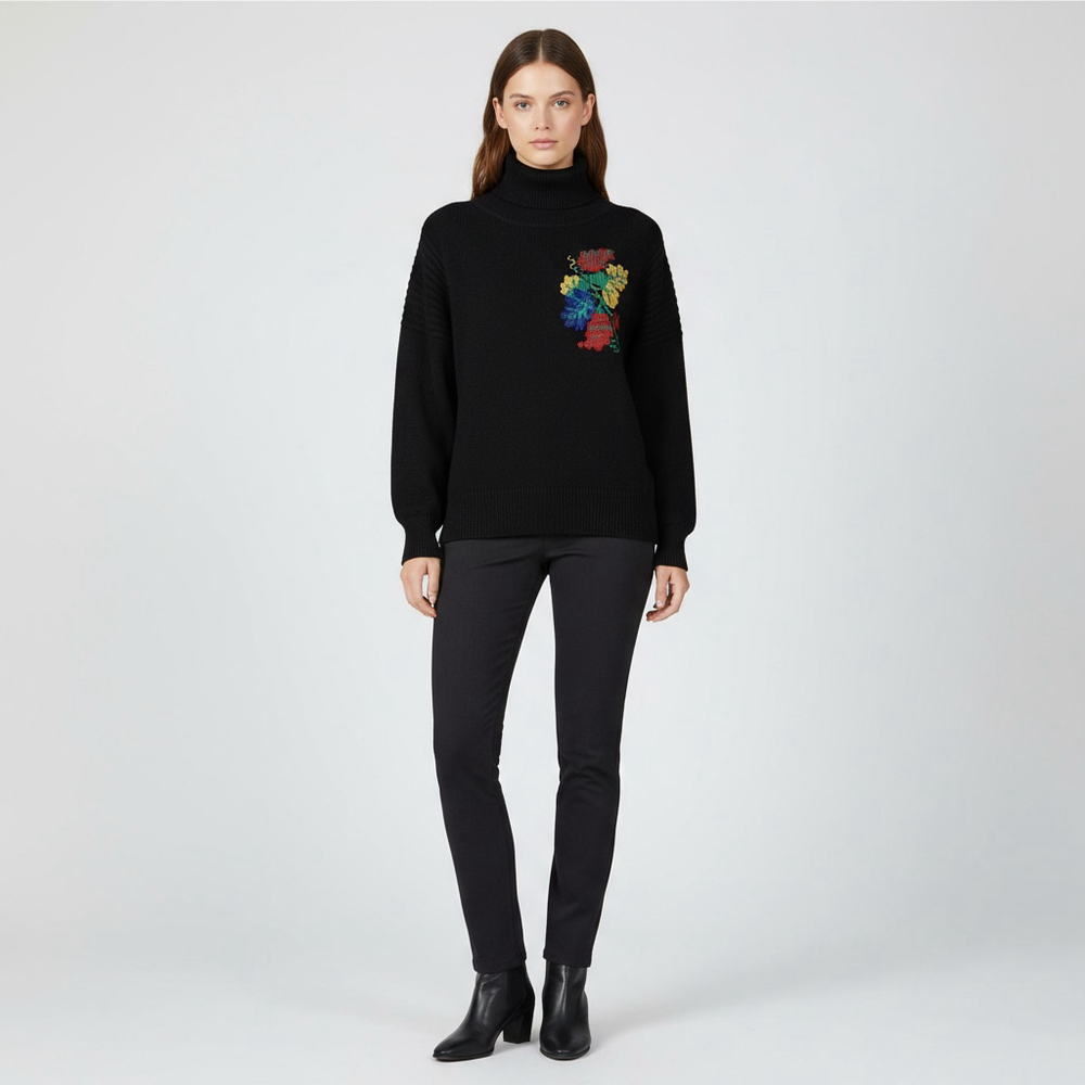 Vintage Emilia Saachi black turtleneck embroidered floral design size 44 large